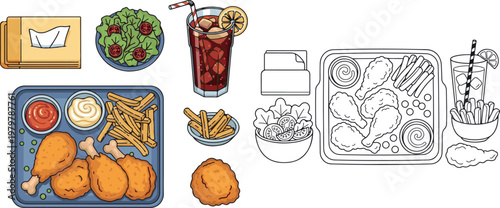 chicken fry with french fry and drinks vector illustration hand drawn clipart and lineart	