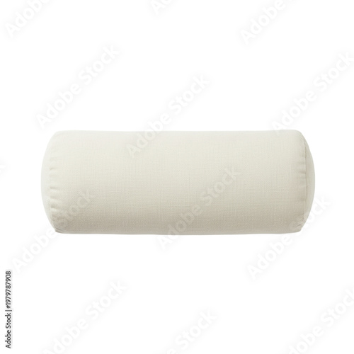 A perfectly cylindrical off-white bolster pillow with textured linen-like fabric, isolated on a transparent background with soft shadows, highlighting minimalist product design
