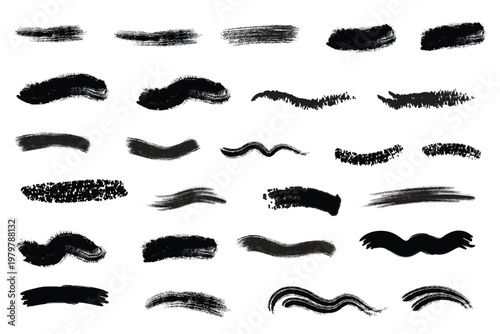 Collection of diverse black brush strokes and textures for artistic design