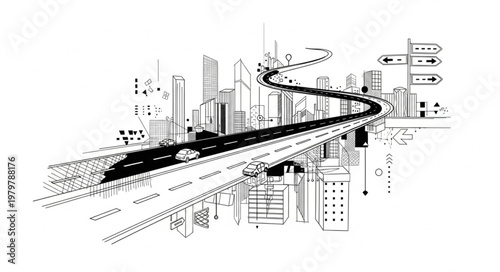Modern City Highway Overpass Sketch with Buildings and Traffic.