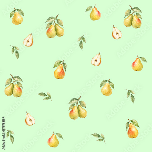 Seamless watercolor pattern with ripe pears and slices. Fresh fruit design perfect for fabric, kitchen decor, wrapping paper, packaging and autumn themes.
