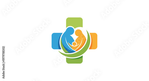Healthcare cross logo with parent and child embracing