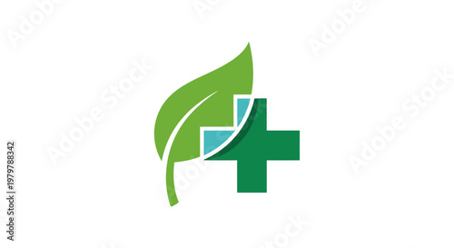 Green Leaf and Medical Cross Healthcare Symbol for Alternative Medicine