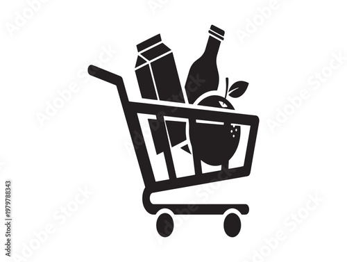 Black and white shopping cart icon filled with groceries and produce items