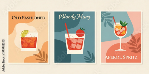 Vintage Cocktail Poster Set Featuring Old Fashioned Bloody Mary and Aperol Spritz Drinks with Minimalist Flat Design for Bar Menu Wall Art
