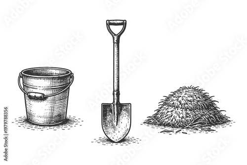 Farm tool set with bucket shovel and hay pile vector illustration, vintage woodcut style agricultural gardening equipment for rural design.