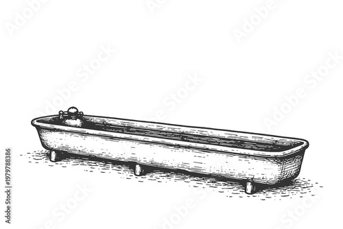 Animal feeding trough vector illustration in vintage woodcut style, rustic farm equipment for livestock water and food container design element.