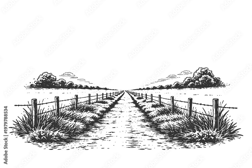Naklejka premium Rural farm road landscape vector illustration with wooden fence and fields, vintage woodcut style countryside scenery for agricultural design projects.