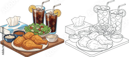 chicken fry with french fry and drinks vector illustration hand drawn clipart and lineart	