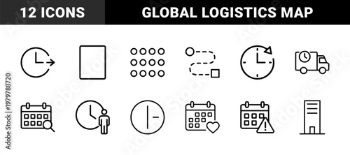 Minimalist logistics and time management outline icon set