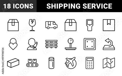 Global logistics and freight shipping minimalist outline icon set