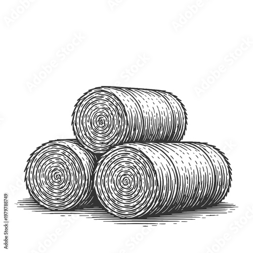 Group of Large Round Hay Bales Stacked Together Vector Illustration in Detailed Vintage Woodcut Engraving Style for Agriculture and Harvest