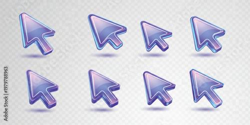 Glossy Neon Cursor Arrow Icon Set with Gradient Purple Blue Glass Style Pointer Symbols for UI Design Apps Websites and Digital Interfaces