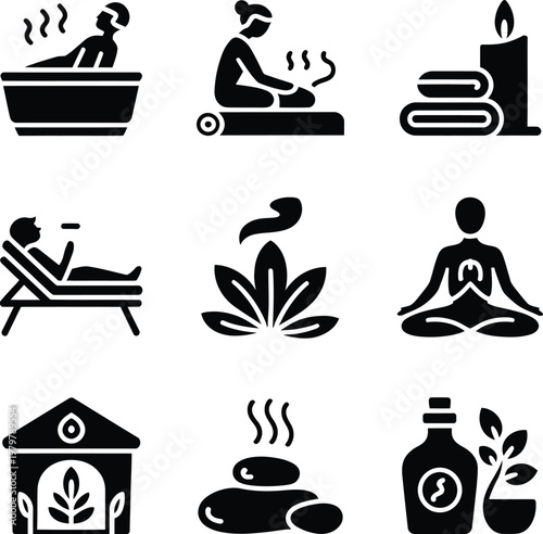 spa treatment pictogram icons black and white set representing relaxation wellness activities hot tubs saunas massage meditation therapy design