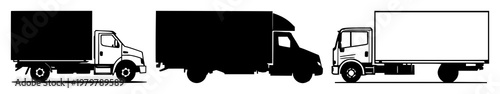 Shipping truck set with solid black icon, white background silhouette featuring truck, shipping, icon with black and white and transportation and logistics