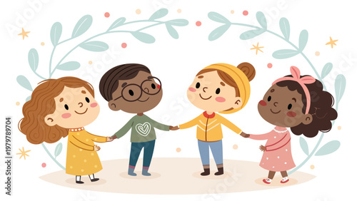 Diverse children holding hands in a circle with leaves and stars symbolizing friendship and inclusivity with smiles