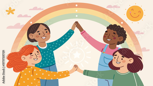 Diverse group of four young women stacking hands in unity and friendship under a vibrant rainbow