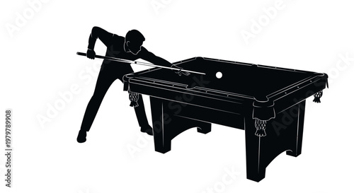 Silhouette of a person playing billiards on a pool table, aiming for a shot