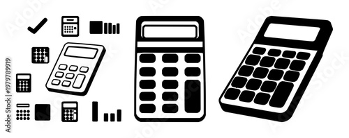 Accounting calculator set with solid black icon on white background featuring accounting, calculator, finance with minimalist and line art
