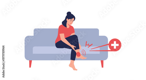 Woman suffering from ankle pain, sitting on sofa, healthcare concept