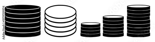 Digital coins set with stacked solid black icons on white background featuring cryptocurrency, coin illustration, digital currency with vector and minimalism