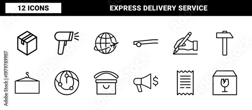 Global logistics and express delivery service line icons