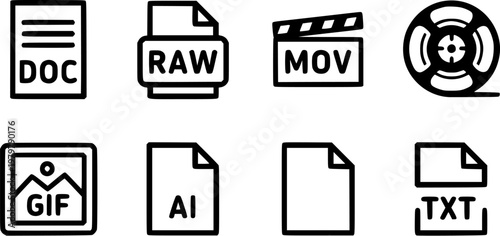 file format icons set featuring document video image and text extensions for graphic design projects