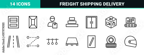 Global logistics and distribution outline icons for shipping and delivery