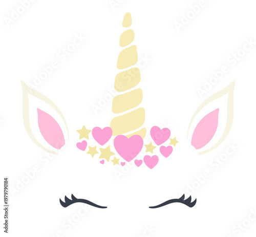 Cute unicorn face in hearts, stars crown illustration isolated. Cartoon character. Fairy tale, legend, mythology, fantastical creature. Kid, girl pastel design, clipart element. Hand drawn flat vector