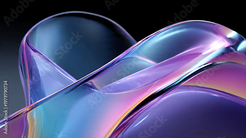 Abstract 3d glass waves with iridescent purple and blue holographic reflections, glossy translucent texture on dark background