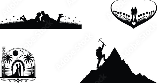 Black and white silhouette of romantic couples and a man climbing a mountain love