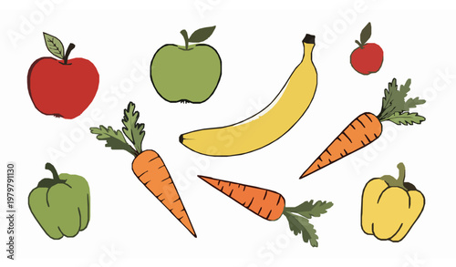 Hand drawn fruits and vegetables vector set fresh organic food apple banana carrot pepper