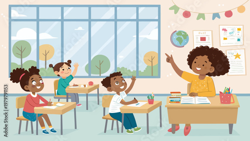 Diverse kids in classroom with teacher pointing learning and smiling at desks with educational signs