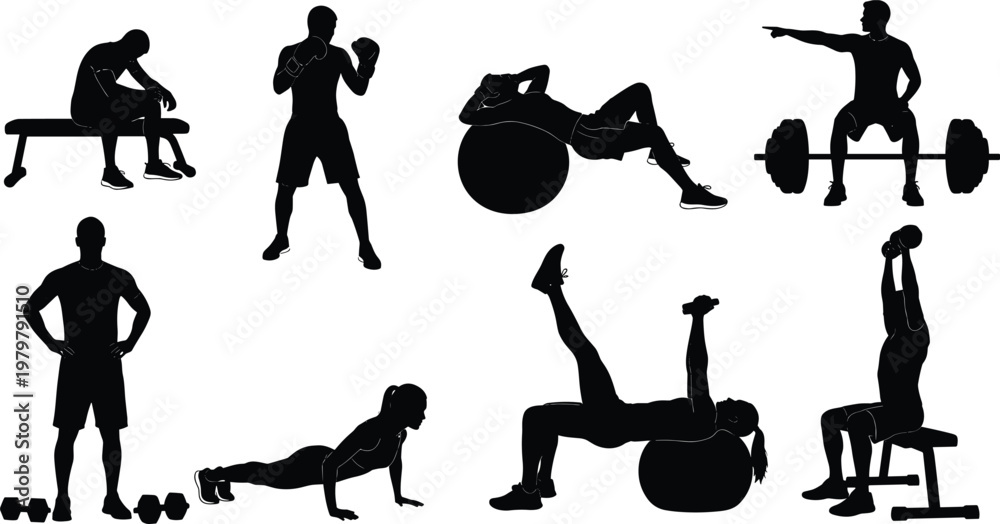 Αυτοκόλλητο Collection of fitness and gym workout silhouettes featuring people exercising wi