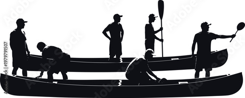 Black silhouette of group of people preparing canoes for water adventure outdoor teamwork activity isolated on white background for summer vacation recreation concept