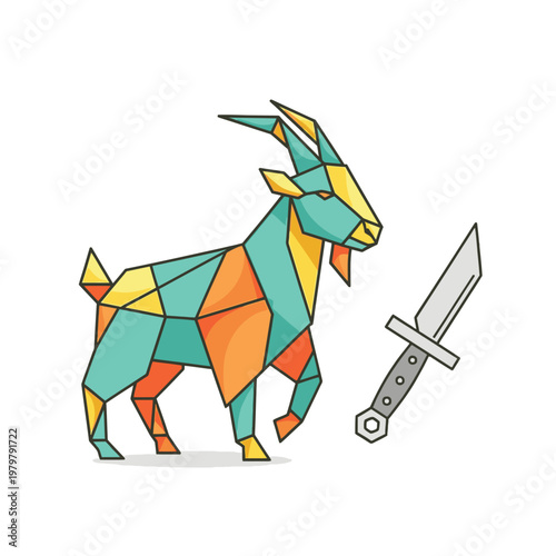 Goat standing next to dagger weapon.