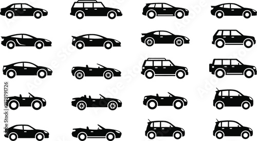 Car silhouettes collection in various body styles including sedan, SUV, hatchback, coupe, and convertible, black vector icon set for automotive and transport design