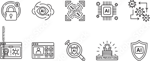AI Cybersecurity and Data Protection Icon Set, Artificial Intelligence Security Symbols Bundle
