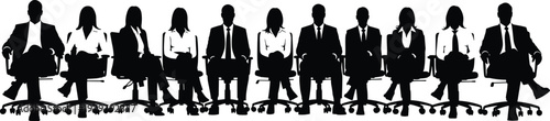 Business team sitting on office chairs silhouette, corporate meeting group of professionals, workplace discussion concept isolated on white background, leadership and teamwork illustration