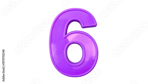 A vibrant, glossy, three-dimensional numeral six in a vivid purple hue, set against a stark, pure black background