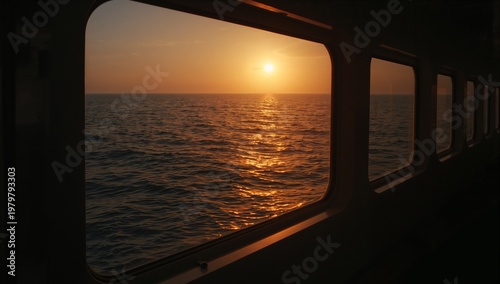 View from ship deck window during golden sunset over calm sea with warm reflections and peaceful horizon.