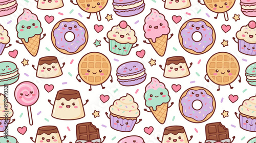 Kawaii desserts and sweets, a delightful seamless pattern featuring cute characters like donuts, cupcakes, waffles, ice cream cones, and pudding, perfect for backgrounds and designs