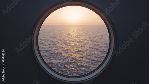 View from ship deck window during golden sunset over calm sea with warm reflections and peaceful horizon.