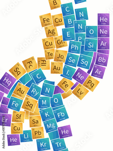 Abstract representation of the chemical elements from the periodic table, forming a dynamic, swirling pattern of squares with letters on a white background, symbolizing 
