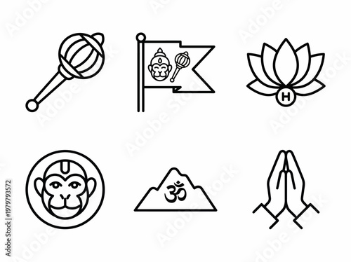 Vector line art collection of sacred Hindu symbols and devotional elements for religious and cultural designs, spirituality and mythology concept graphics