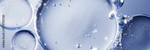 3D rendering of a cosmetic serum bubble ingredients. Abstract concept of retinol, beta-glucan, niacinamide or hyaluronic acid molecules for skin care product.