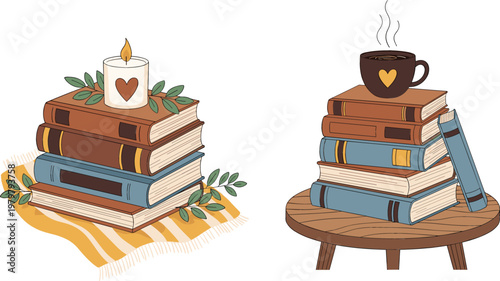 Cozy reading scene with stacked books, candle and coffee cup on table, warm home atmosphere illustration, relaxation and study concept, aesthetic vector design