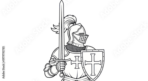 Medieval Knight in Full Armor Holding Sword and Shield, Black and White