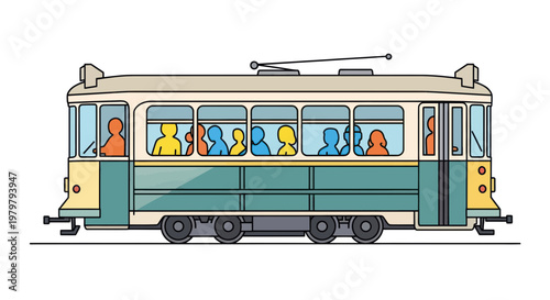 Vintage Tramway with Silhouettes of Passengers Traveling in City