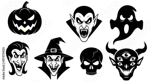 Halloween Characters Collection: Jack-o'-lantern, Vampire, Ghost, Witch, Skull, Demon